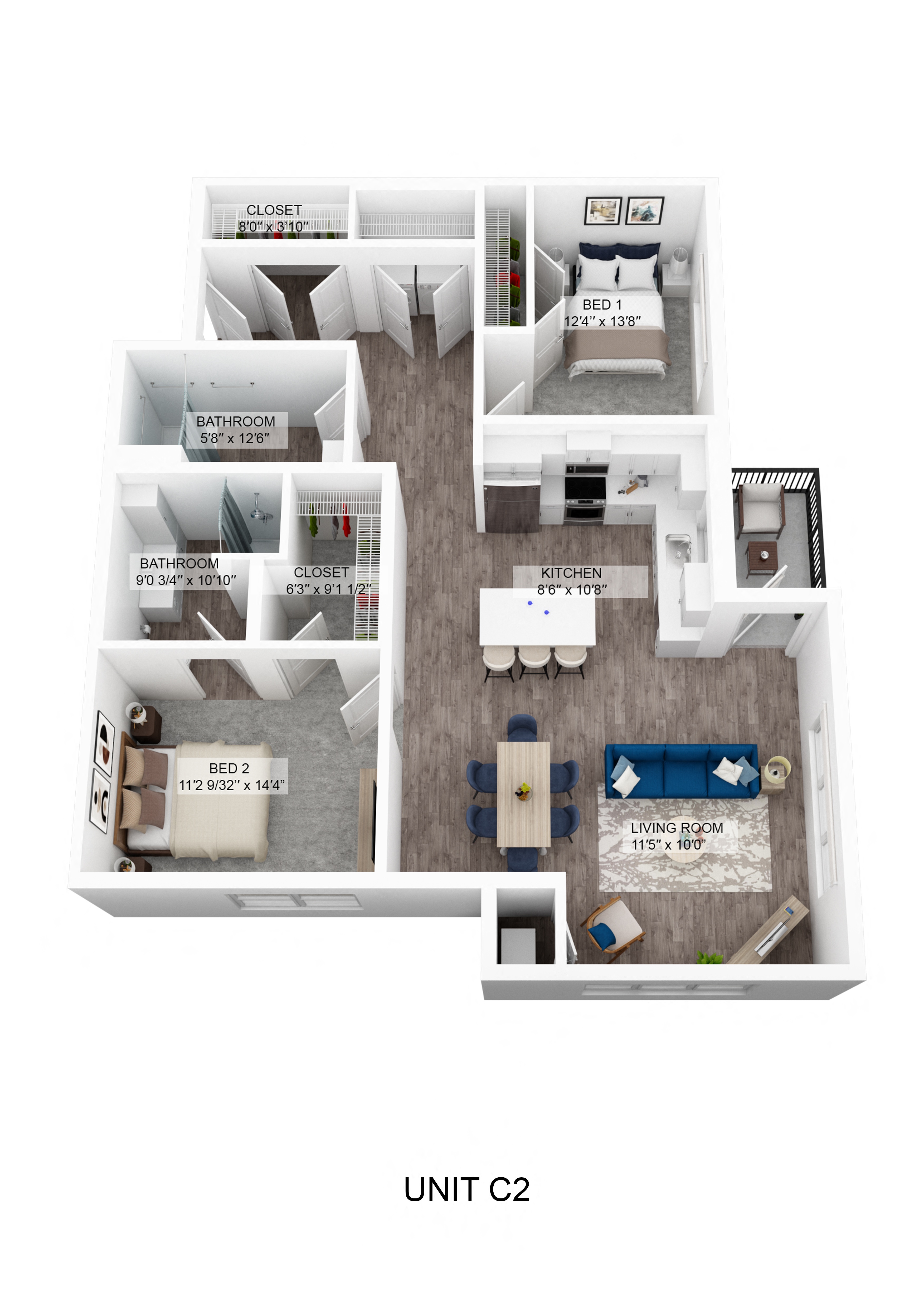 Floor plan for 2 beds, 2 baths, 1260 sqft